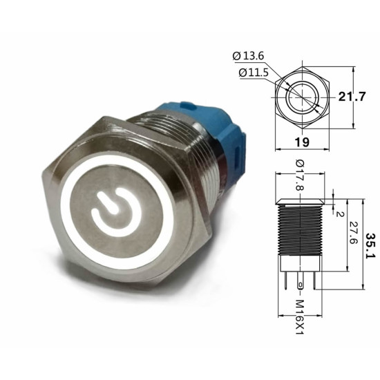 16mm Metal Buton Latch Beyaz Power Sembol Ledli
